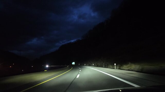 Driving on Curved Appalachian Highway Roads at Night