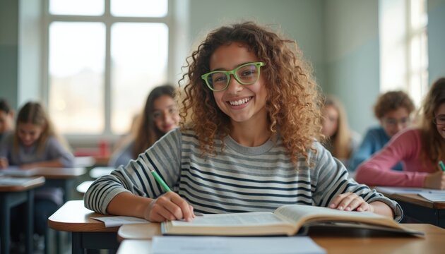 Smiling girl with curly hair wears glasses in classroom. Young student writes in notebook during lesson. People study at desks in school hall. Education concept.