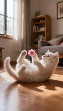 Cream colored kitten rolling on a wooden floor and playing with a pink.