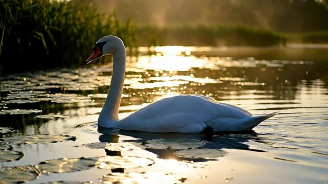 Graceful Swan Glides Serene Waters Reflecting Golden Sunlight in Tranquil Nature Scene