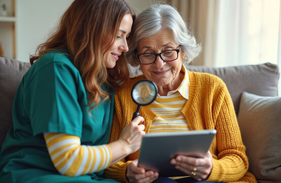 Nurse helps elderly woman read tablet with magnifying glass. Senior lady learns tech, uses digital device with caregiver assistance, improves eyesight.