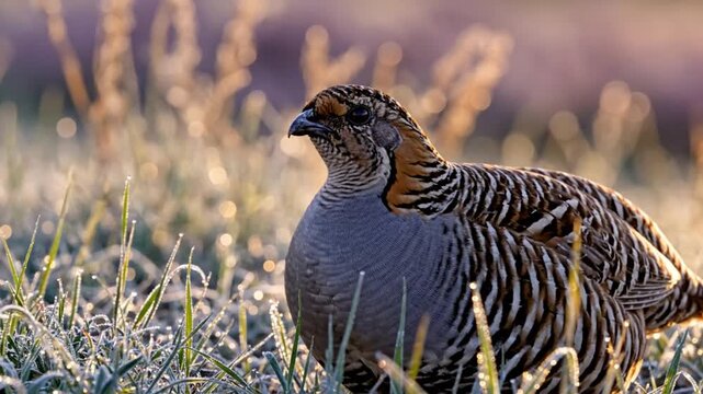 Morning light illuminates a partridge standing in frosted grass in a natural setting at dawn