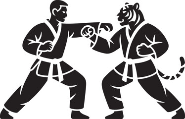 Fototapeta premium Man and tiger in martial arts pose for fighting and stance for beast mode and animal character