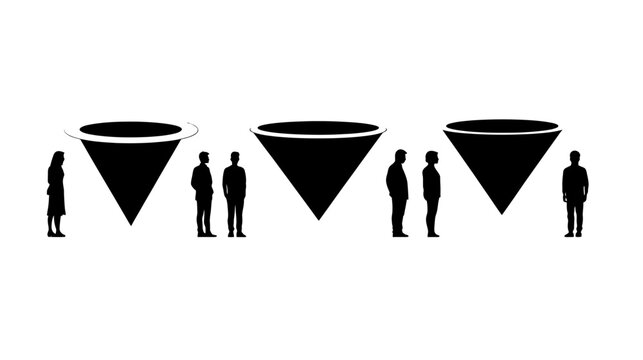 Silhouetted figures stand near inverted cone shapes, conceptualizing funnel or filter