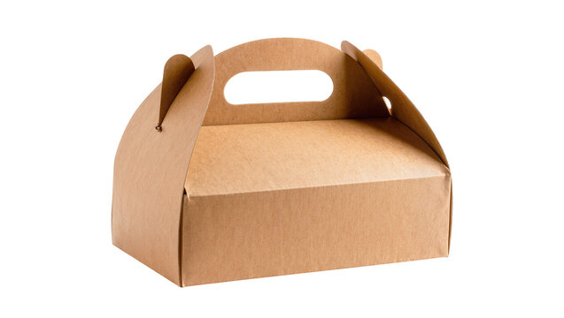 Brown cardboard gable box with handle, isolated on transparent background