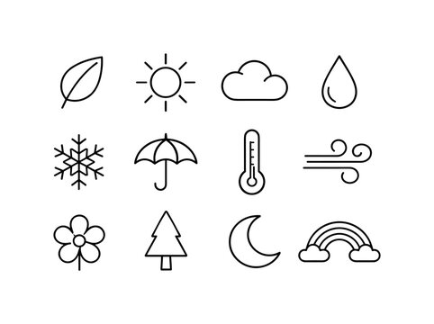 Line style of Seasonal wellness vector icons: Leaf, Sun, Cloud, Raindrop; Snowflake, Umbrella, Thermometer, Wind; Flower, Tree,