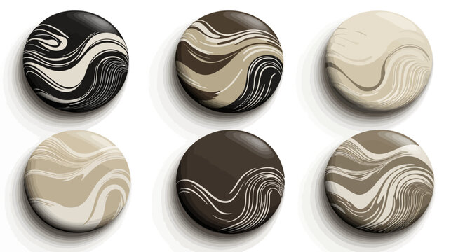 Six round objects, with swirling patterns in various earth tone colors. Shadows present