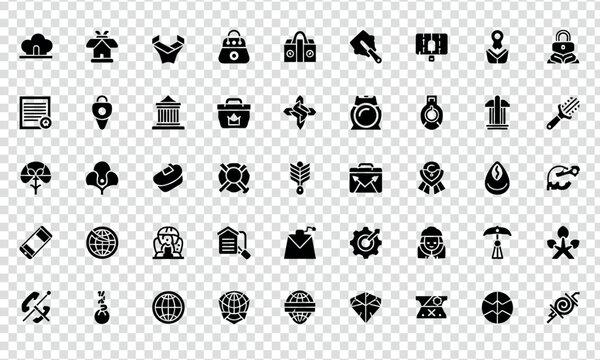 Collection of diverse icons representing various concepts and objects in daily life and technology isolated on transparent background, Vector icon