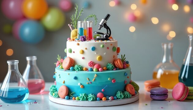 Two-tier birthday cake decorated with science lab items like beakers and a microscope. Colorful macarons and balloons add festive party elements to the celebration.