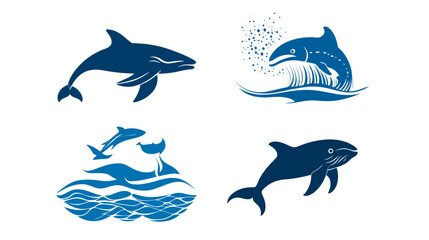 Obraz premium Four stylized blue dolphin illustrations with waves and splashing. Clean and minimalist design