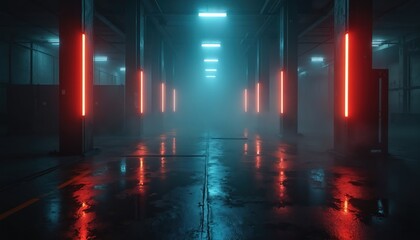 Fototapeta premium Dimly lit industrial space with glowing red and blue neon lights. Wet floor reflects lights creating moody atmosphere. Fog and shadows add mystery and depth.