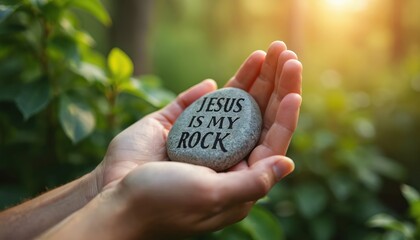 Obraz premium Hands cradle smooth stone inscribed Jesus is My Rock. Natural green foliage and soft sunlight create warm, peaceful scene. Message of faith and steadfastness.