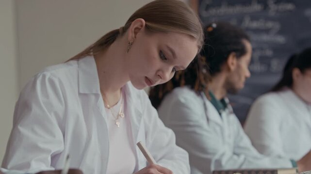 Side view medium close up shot of Caucasian female medical student in white lab coat writing in notebook while attending lesson in classroom