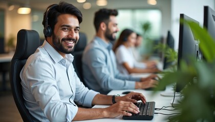 Fototapeta premium Smiling man works in call center wearing headset. He types on computer keyboard with colleagues nearby. Professional operator offers support and assistance.