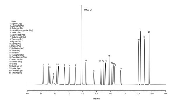 Chromatogram of amino acids, arginine, asparagine, glutamine, hydroxyproline