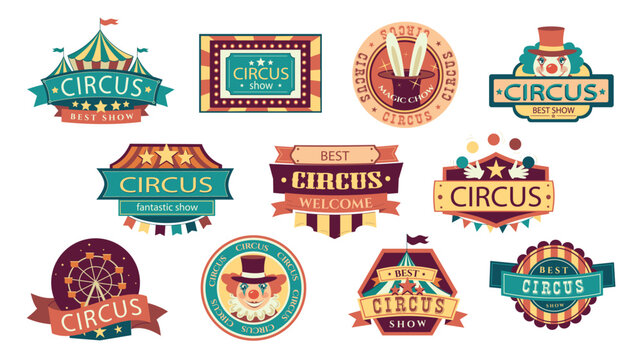 Circus retro labels elements set design. Collection with carnival vintage promotion banners and event stickers for invitation, fairground show decoration emblems or logotypes. Vector illustration.
