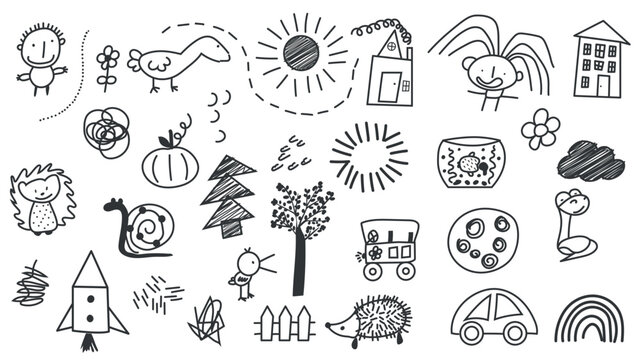 Cute kid scribble elements set design. Collection with line doodle hand drawings of people, flowers, birds, sun, home, path, hedgehog, snail, rocket, tree, tomato, aquarium, more. Vector illustration.