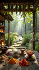 Naklejka premium Ancient Herbal Remedies in a Lush Forest Sanctuary