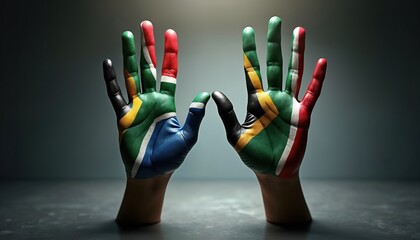 Two hands painted with the South African flag greet each other. They symbolize unity, peace, and national pride for all people. Represents diversity and togetherness in the country.