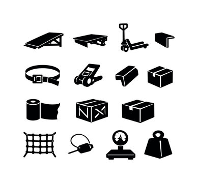 Solid vector icons of cargo handling: loading ramp, dock leveler, hand pallet truck, cargo strap, ratchet buckle, edge protector,