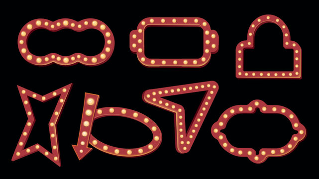 Retro light bulb frames elements set design. Collection with different shapes retro illuminated signboards for cinema, theatre, circus show, casino club, vintage banner and arrow. Vector illustration.