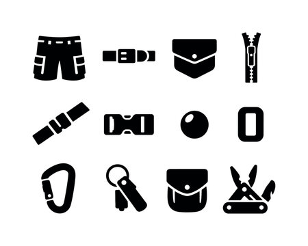 Solid vector icons of utilitarian cargo: cargo shorts, belt, pocket flap, zipper, strap, buckle, rivet, loop, carabiner, keychain