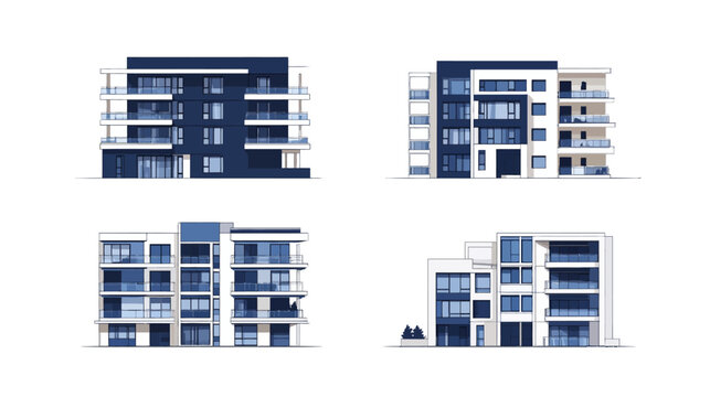 Four architectural illustrations of modern apartment buildings with balconies and glass facades