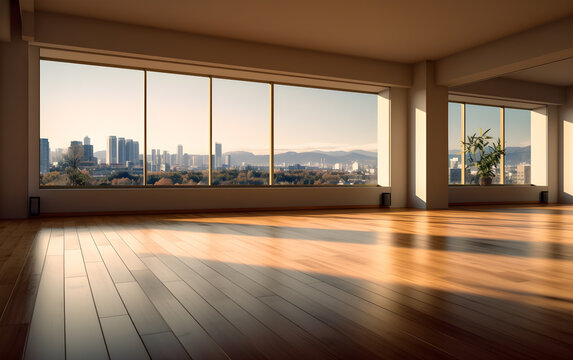 Spacious empty modern room with polished hardwood floors and floor-to-ceiling windows, overlooking a city skyline at sunset with warm light and long shadows.