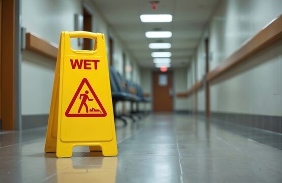 Yellow wet floor caution sign stands in clean hospital corridor. Bright warning symbol alerts to wet surface, risk of slipping and falling. Safety first in medical buildings.