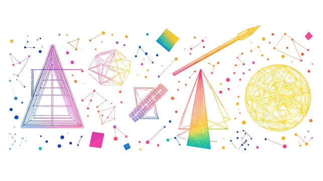 Colorful geometric shapes and connected dots arranged on a white background, forming a abstract design