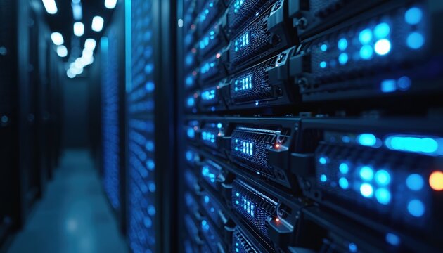 Rows of computer servers glow with blue lights in dark data center room. Modern racks hold powerful tech equipment for cloud computing, AI processing. Network infrastructure hums with digital data