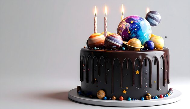 Space Themed Drip Cake with Planets, Stars, and Birthday Candles