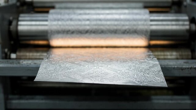 Medium shot capturing embossed PVC sheets emerging from heated calendering rolls emphasizing the raised patterns and intricate surface detail.