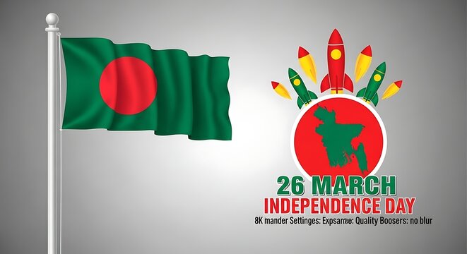 Bangladesh independence day celebration flag rocket and continent illustration