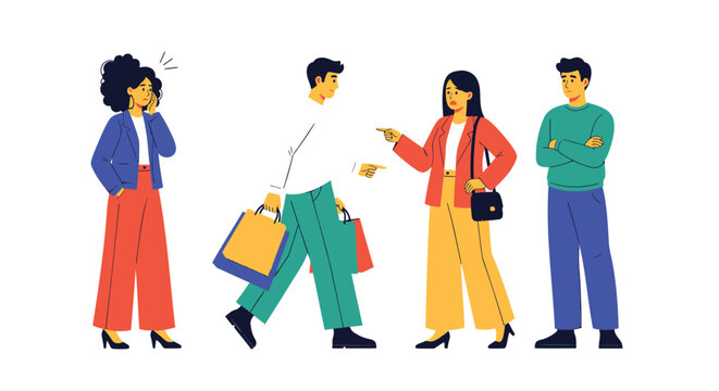Diverse people, colorful illustration, flat design characters, walking group, casual fashion