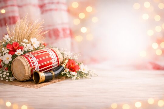 A festive background for Bohag Bihu celebration with traditional dhol drum, pepa horn, and spring flowers. Bright airy composition with soft bokeh lights and copy space for text.