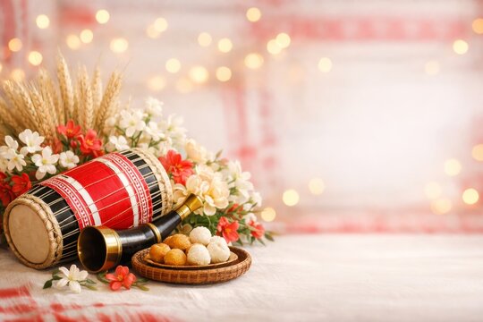 Traditional Bohag Bihu celebration background with dhol drum, pepa horn, and Assamese sweets like pitha and laru on a wooden table. Festive bokeh lights and floral decor with copy space.