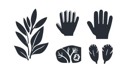 Obraz premium Minimalist set featuring leaves, hands, a tree with recycle symbol and two feathers in dark teal