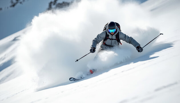 Man skis downhill through deep snow powder. Skier wears helmet, goggles, winter clothing. He carves slope, creating cloud of snow. Extreme sport on mountain.