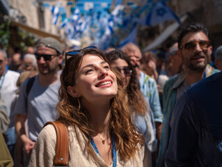 Obraz premium Young woman enjoying Jerusalem Day celebration in lively street with Israeli flags. Concept of unity, freedom, national pride and cultural identity.