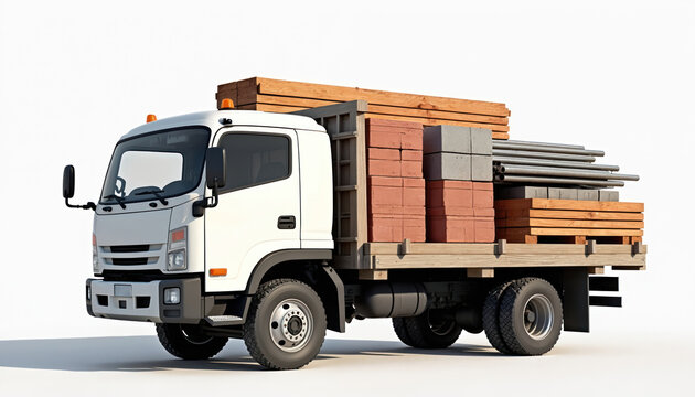 White flatbed truck carries construction materials like bricks lumber and metal pipes. The vehicle is ready for transport on a worksite. It shows raw materials and industrial utility.