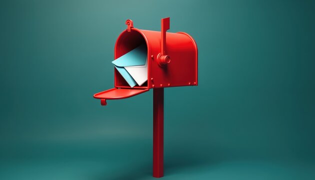 Red mailbox open with letters inside. Postal service symbol for communication and delivery. Sending or receiving correspondence or messages through mail. Information transfer and connection.