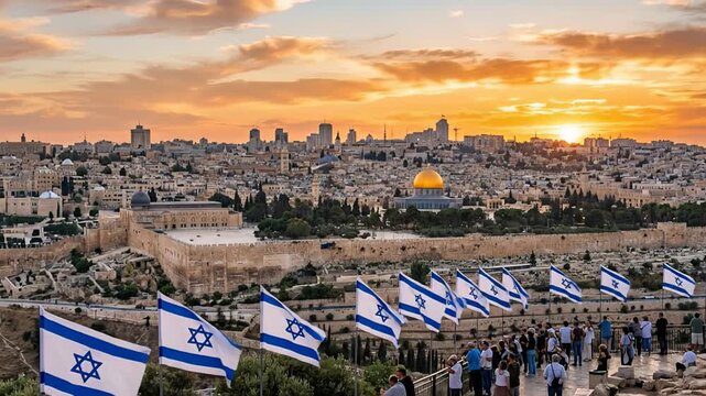 Panoramic video of Jerusalem skyline with Israeli flags at sunset during Jerusalem Day. Concept of heritage, unity, freedom, national pride and sacred city celebration.