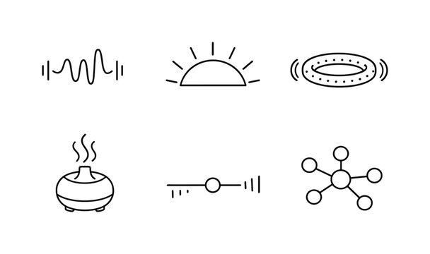 Line style icons of sensory modulation tools: sound modulation wave, light intensity arc, tactile feedback ring, aroma diffusion