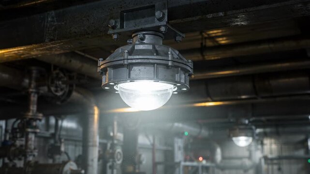 Medium shot of ceilingmounted explosionproof lighting fixture illuminating a hazardous industrial environment with robust sealed design for safety and durability.