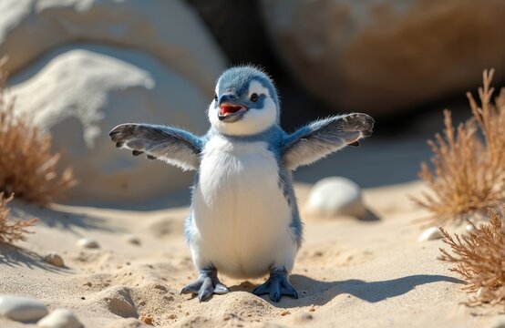 Small blue penguin chick stands on sandy shore with wings spread wide. Adorable baby bird with open beak and fuzzy feathers looks happy. Coastal wildlife scene with rocks and dry plants.