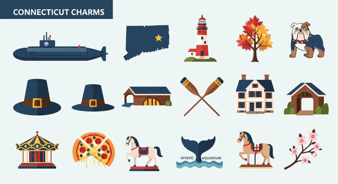 A charming collection of flat design vector icons illustrating diverse cultural symbols, travel attractions, and regional landmarks of a northeastern U.S. state