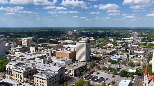 aerial footage of skyscrapers and office buildings in the skyline in Jacksonville Florida USA