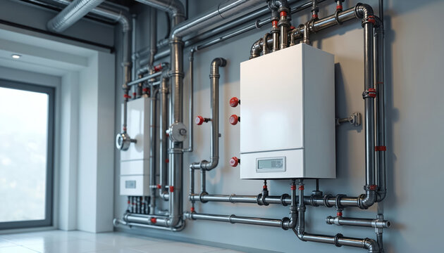 Modern central heating system with boilers and complex pipe network installation. Domestic water supply circuit and energy efficiency control. Residential plumbing infrastructure.