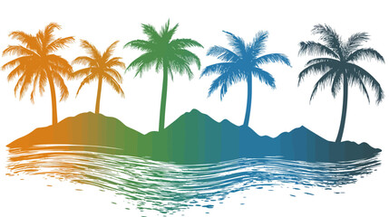 Obraz premium Colorful depiction of palm trees silhouetted against a white background, suggesting a tropical scene